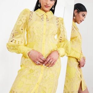 Elegant Yellow Lace Button Down Dress